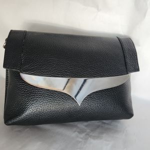 Italian crossbody bag black pebbled leather clutch silver minimalist Made Italy